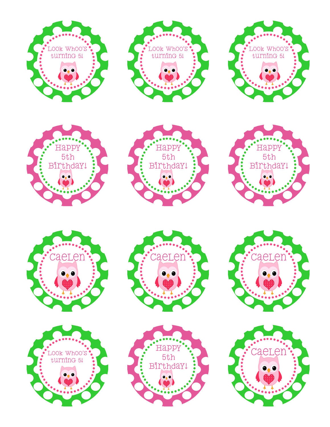 Owl Party Circles in Pink and Green DIY Printable Cupcake Toppers Favor Tags Labels