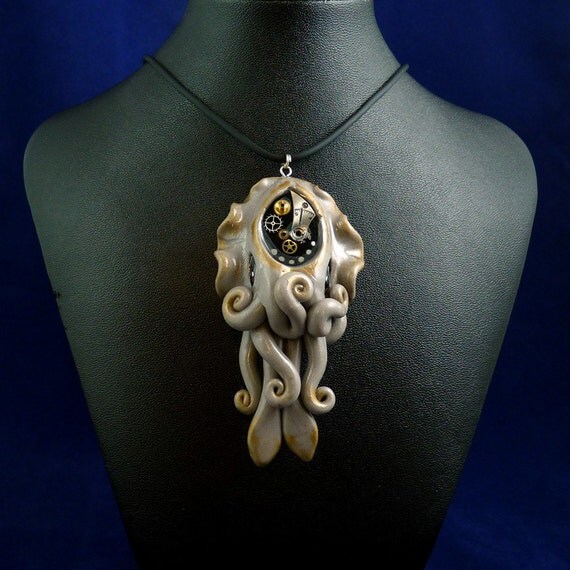 Steampunk Cuttlefish Necklace - Polymer Clay Jewelry Pendant
