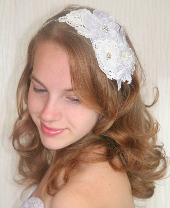 Cecile - White Flower Lace with Rhinestone and Pearl Bridal Headband