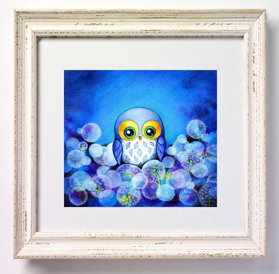 Lunar Owl - NEW Painting Print by Annya Kai - Whimsical Baby Blue Dandelion Flower Field - Owl Decor
