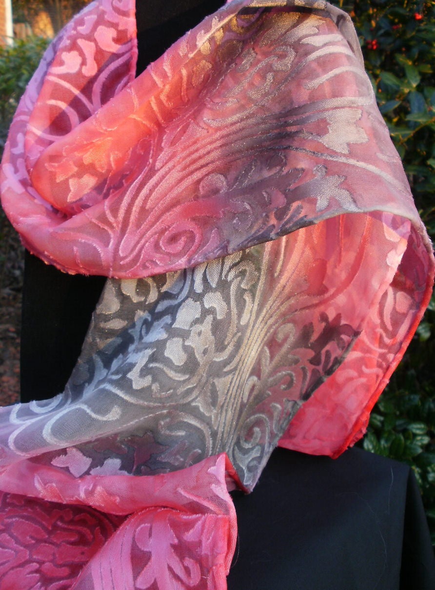 Rosey Red, Pink, Silver Gray Medley Silk Scarf