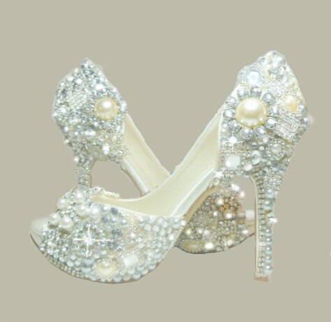 Cinderellas Wish Peep Toes... crystal, glass and pearl covered high heels.  Wedding bespoke  custom design