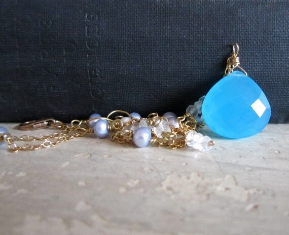 Ocean Blue, Chalcedony, Onion Briolette, Freshwater Pearl, Faceted Blue Topaz and Gold Necklace