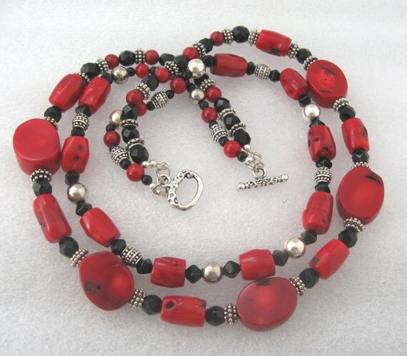 Red Coral Black Crystal Bead Necklace Double Strand