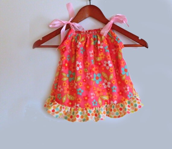 Pillowcase Dress - Pink Flowers & Dots - made to order 0 - 12 months