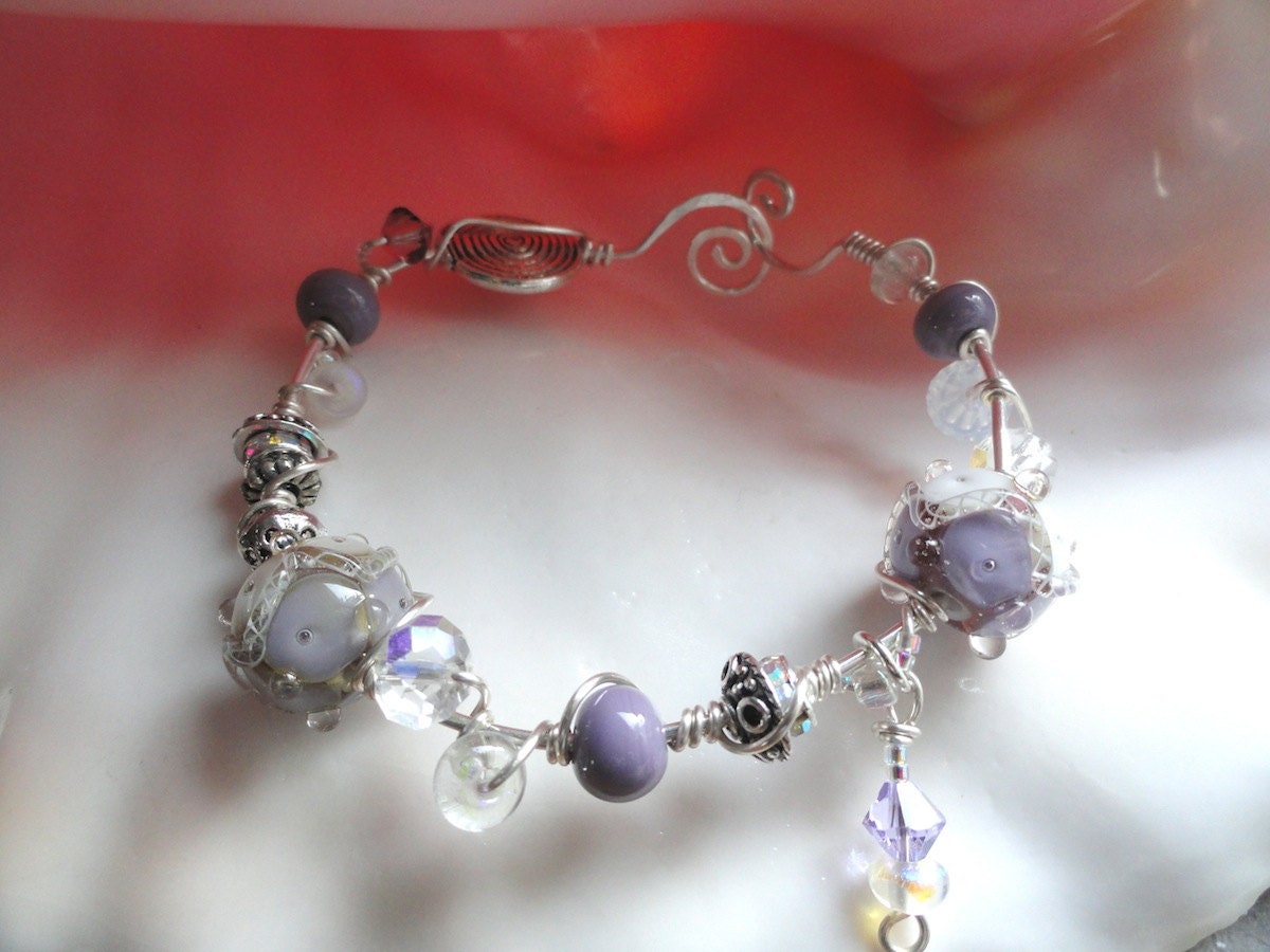 Whispers of Lilac Lampwork Bead Wire Wrapped SS Bracelet