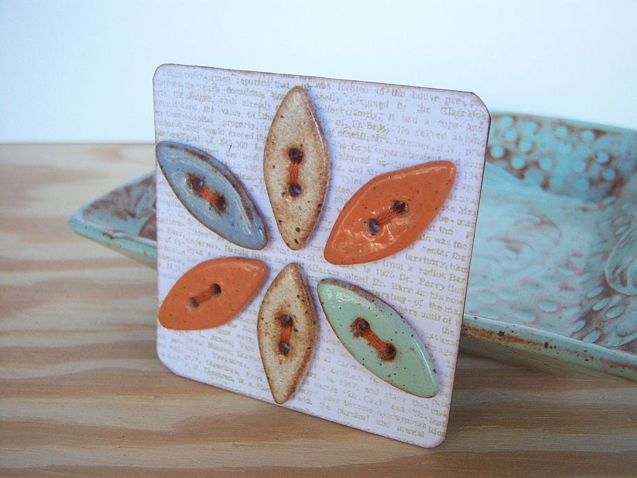 Rustic Stoneware Leaf Buttons in Pistachio, Tan, Orange, and Blue shino Glazes - Set of 6