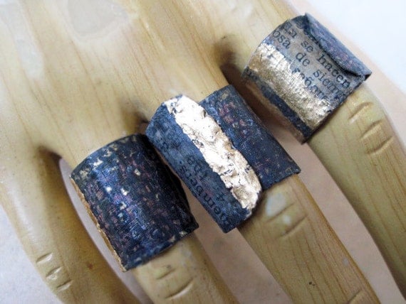 Pinchbeck. Recycled Tin Gold Bling Paper Decoupage Adjustable Ring Set.