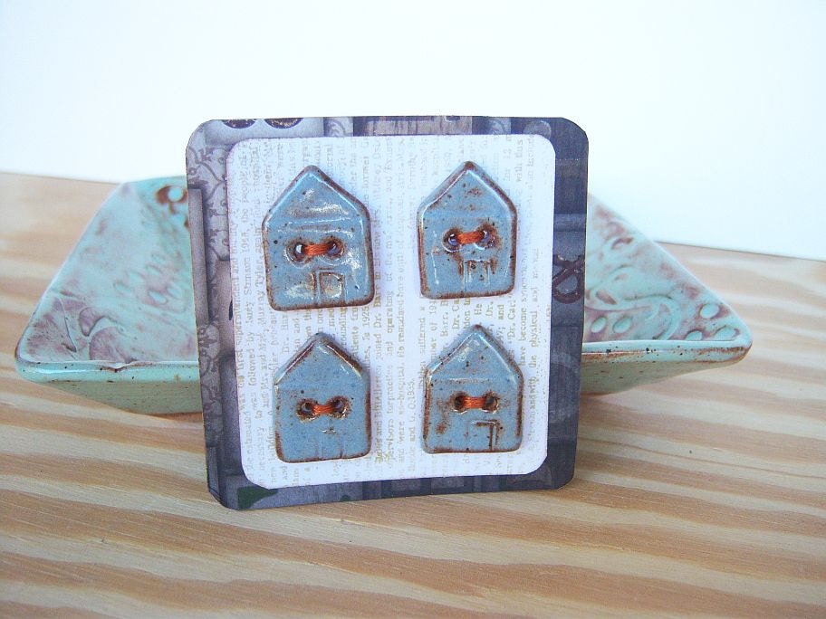 Ceramic House Buttons in Blue Shino Glaze - Set of 4