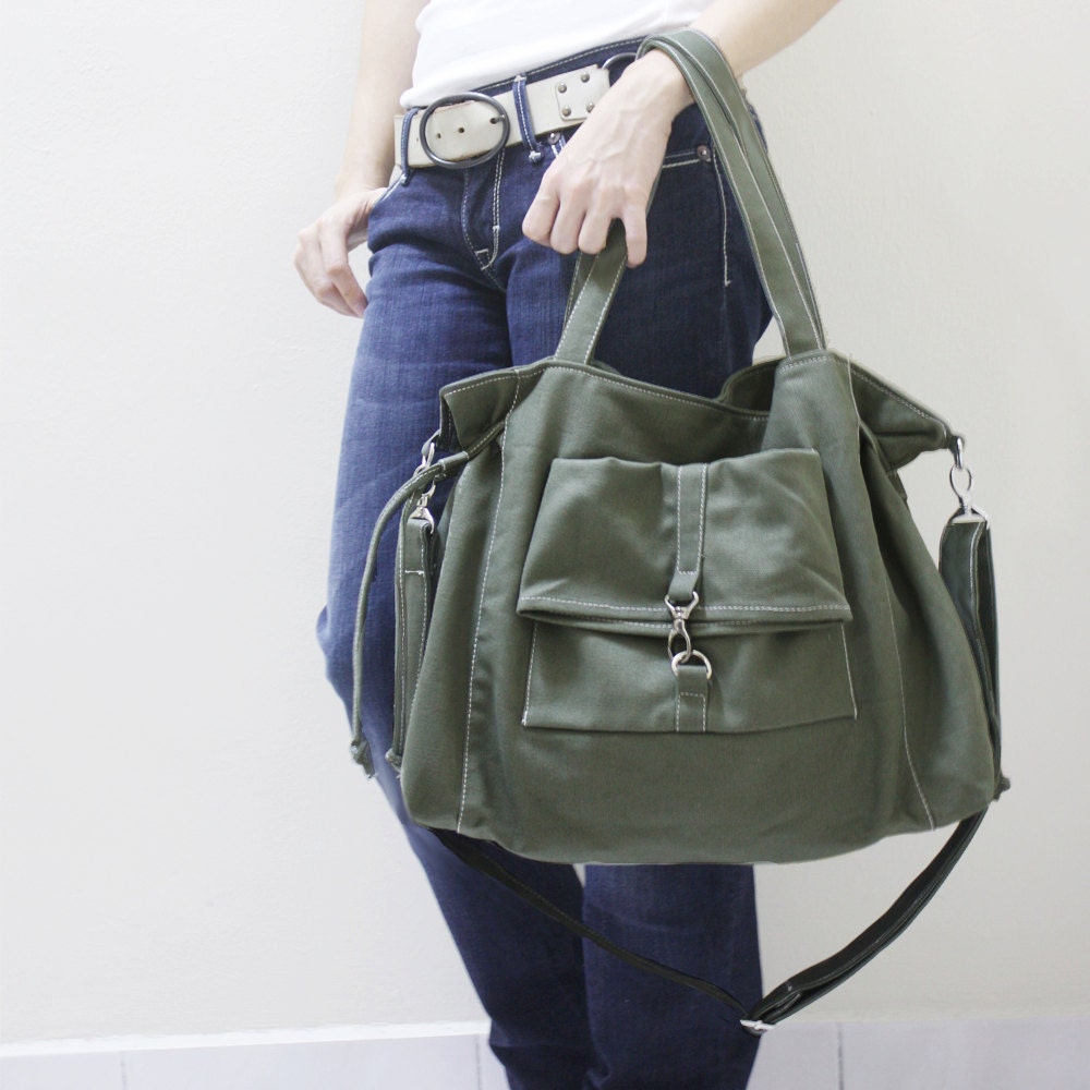EZ Canvas Bag in Army Green-Double Strap Shoulder Bag / Tote / Cross Body Messenger
