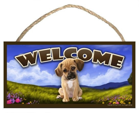 Puggle (sitting) Spring Season 10" x 5" Welcome Sign