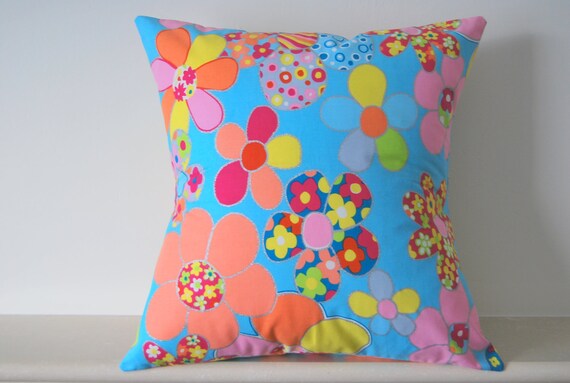 Bright Funky Floral Throw Pillow Cover/ Cushion Cover, Pillow Cover. Cotton  14" x 14" Turquoise, Pink, Orange, Yellow, Green