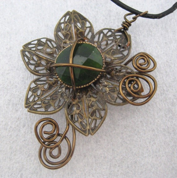 Wrapped Flower Pendant Green Glass Cabochon