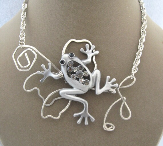 Large Silver Frog Wire Wrapped Necklace