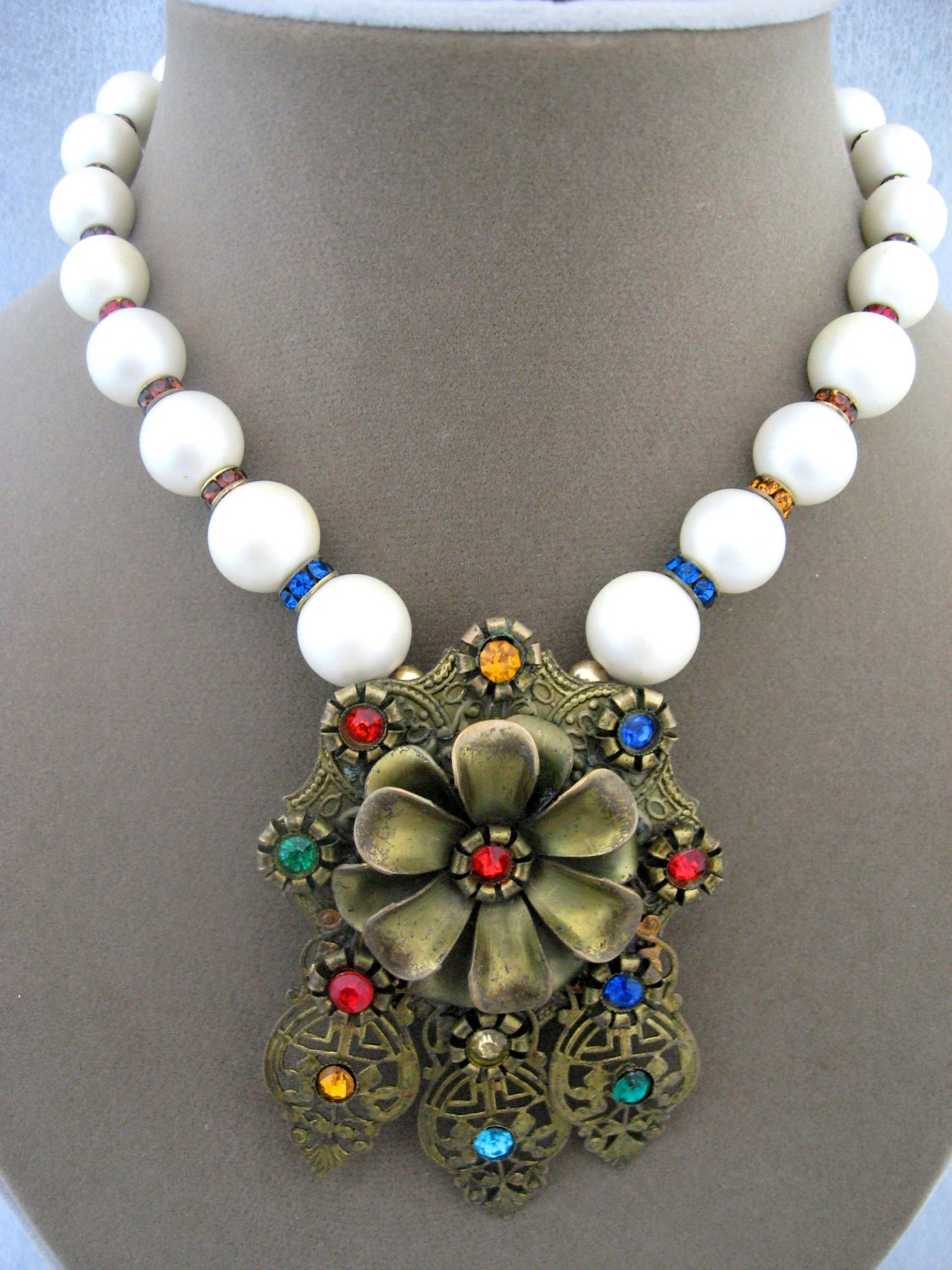Multi Color Rhinestone Pendant Necklace Vintage Altered Art