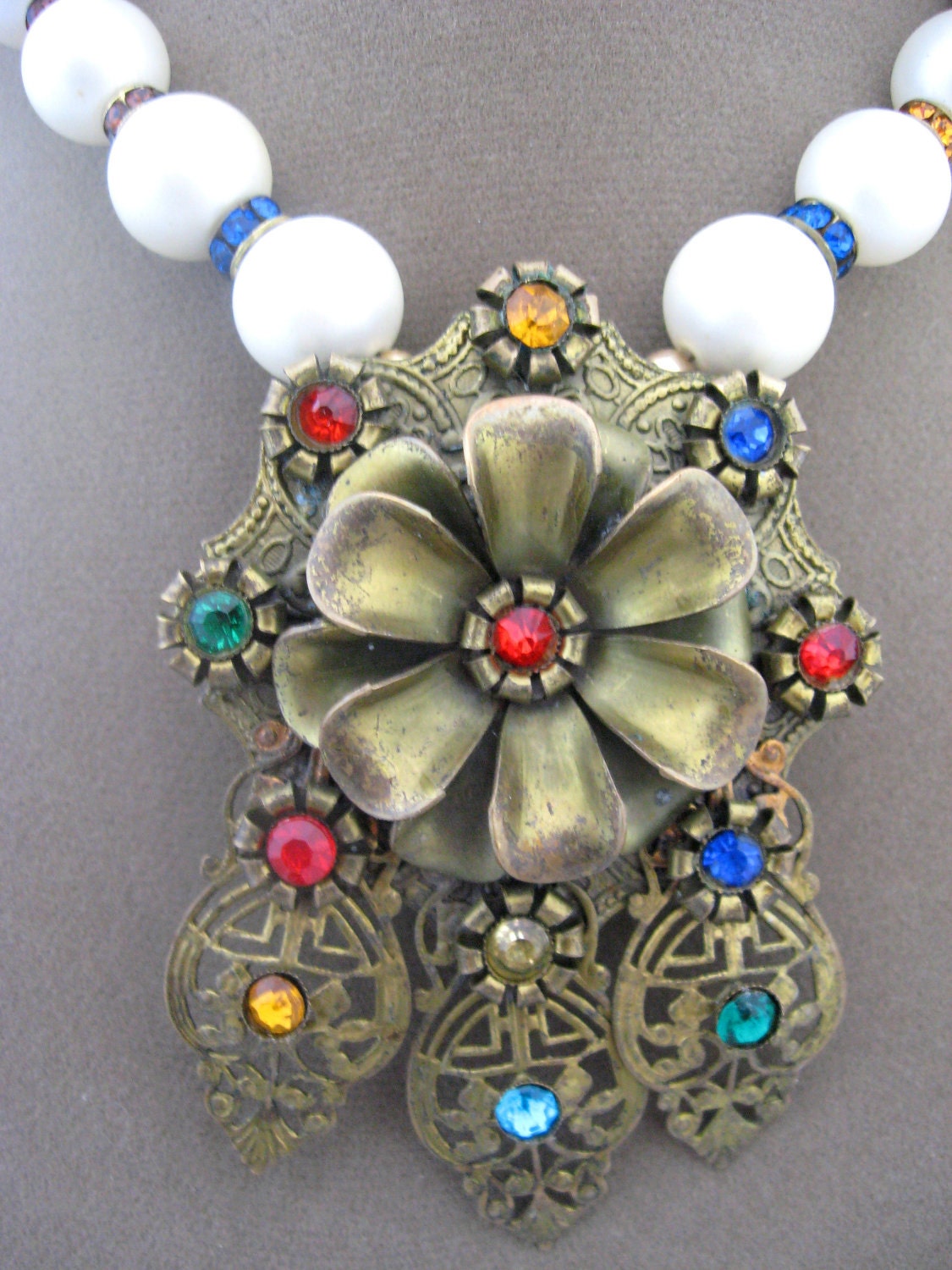 Multi Color Rhinestone Pendant Necklace Vintage Altered Art