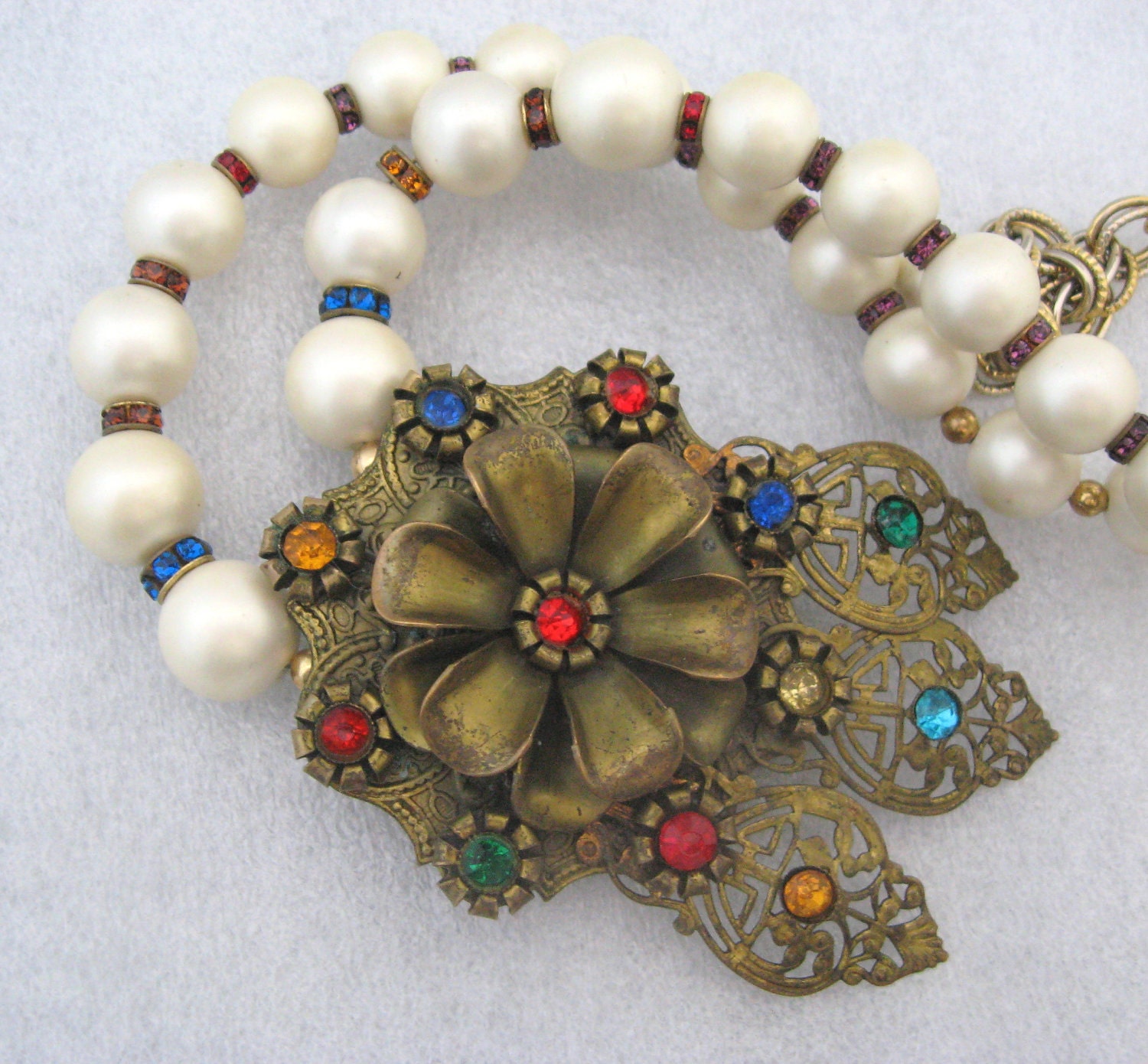 Multi Color Rhinestone Pendant Necklace Vintage Altered Art