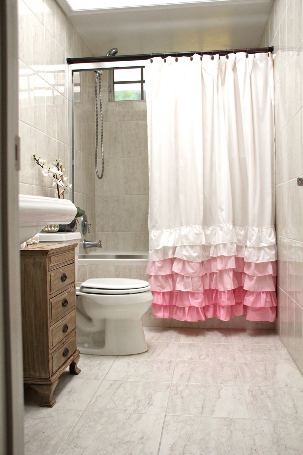 PINK ruffles shower curtain- Butterfly Above