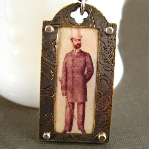Handmade Jewelry By Roia O'Brien - Victorian Man - Shrink Plastic - Upcycled Necklace - Riveted