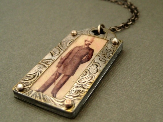 Handmade Jewelry By Roia O'Brien - Victorian Man - Shrink Plastic - Upcycled Necklace - Riveted