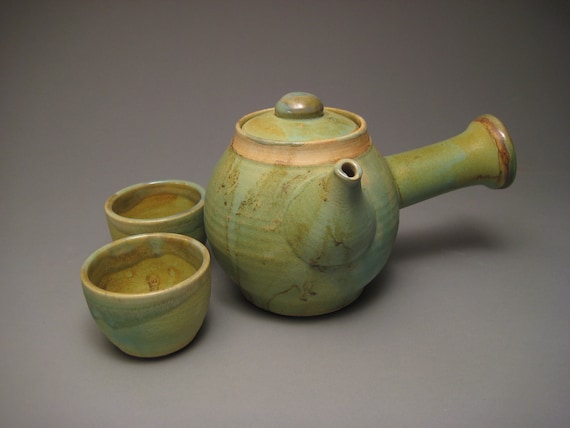 Japanese Style Tea Set for Two with Green Copper Glaze