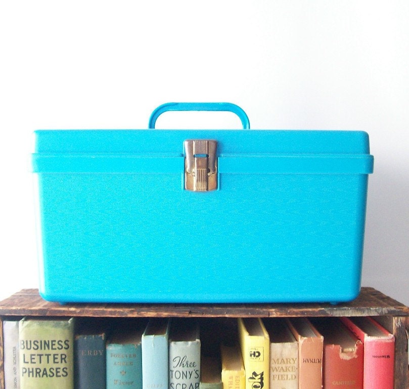 vintage sewing supplies storage box bright aqua blue storage container