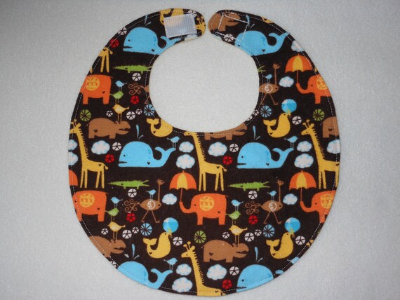 Baby Bibs, four soft layers, reversible, brown with bright critters