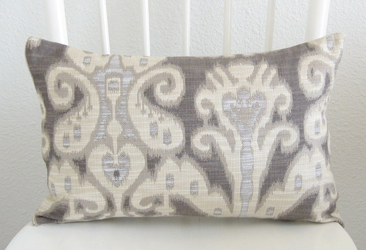 Decorative pillow cover - Lumbar pillow - Ikat pillow - 12x18 - Ivory - Gray - Dark gray  - Designer fabric - Ships Within 24 hrs