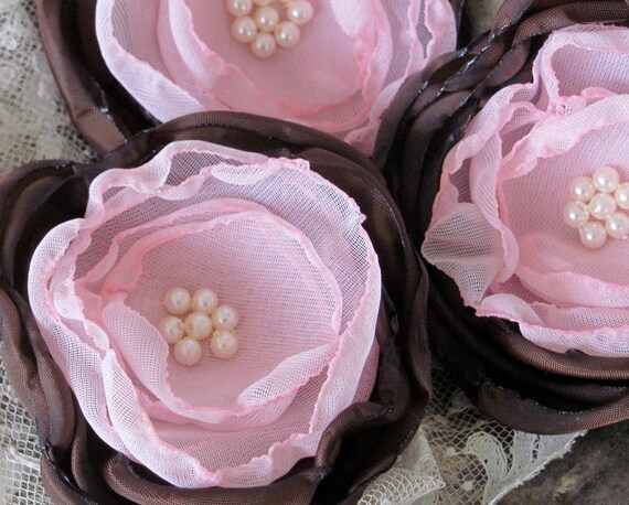 Fabric Flowers Set of 3 Chocolate Brown and Pink by My Broken Art on Etsy