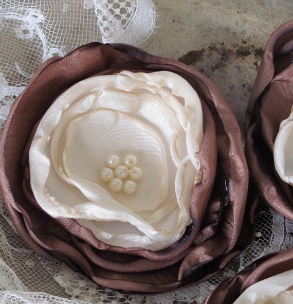 Fabric Flowers Set of 3 Brown and Ivory by My Broken Art on Etsy