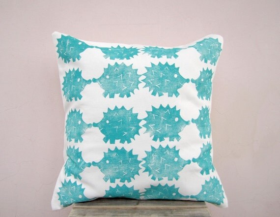 Decorative pillow - hedgehogs print in teal turquoise on white organic cotton pillow cover