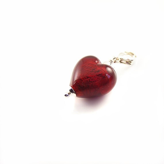 Heart Charm Pendant. Handcrafted Red Murano Glass Heart & Sterling Silver Lobster Clasp Clip On Bracelet Charm