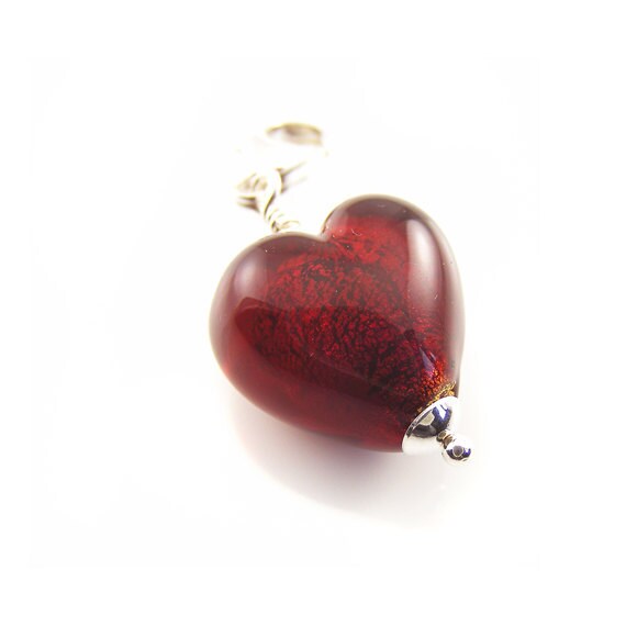 Heart Charm Pendant. Handcrafted Red Murano Glass Heart & Sterling Silver Lobster Clasp Clip On Bracelet Charm