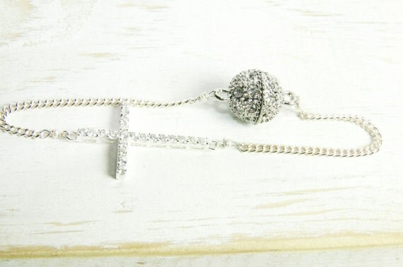 Diamond Cross Dainty Bracelet in Sterling Silver:) Double Sided Diamond Crystal Cross Bracelet