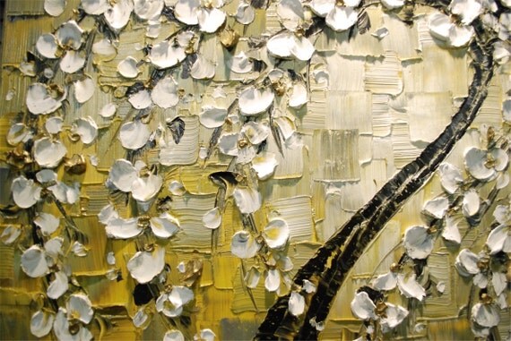 ORIGINAL Abstract Contemporary Weeping White Cherry Blossom Tree Painting Thick Texture Ready to Hang Gallery Canvas 36x24 by Susanna