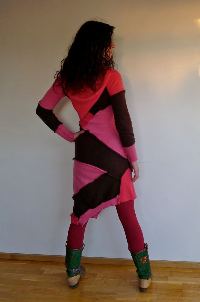 Upcycled Cashmere Hoody Sweater Dress Fuschia Pink & Chocolate                                              Made in England UK