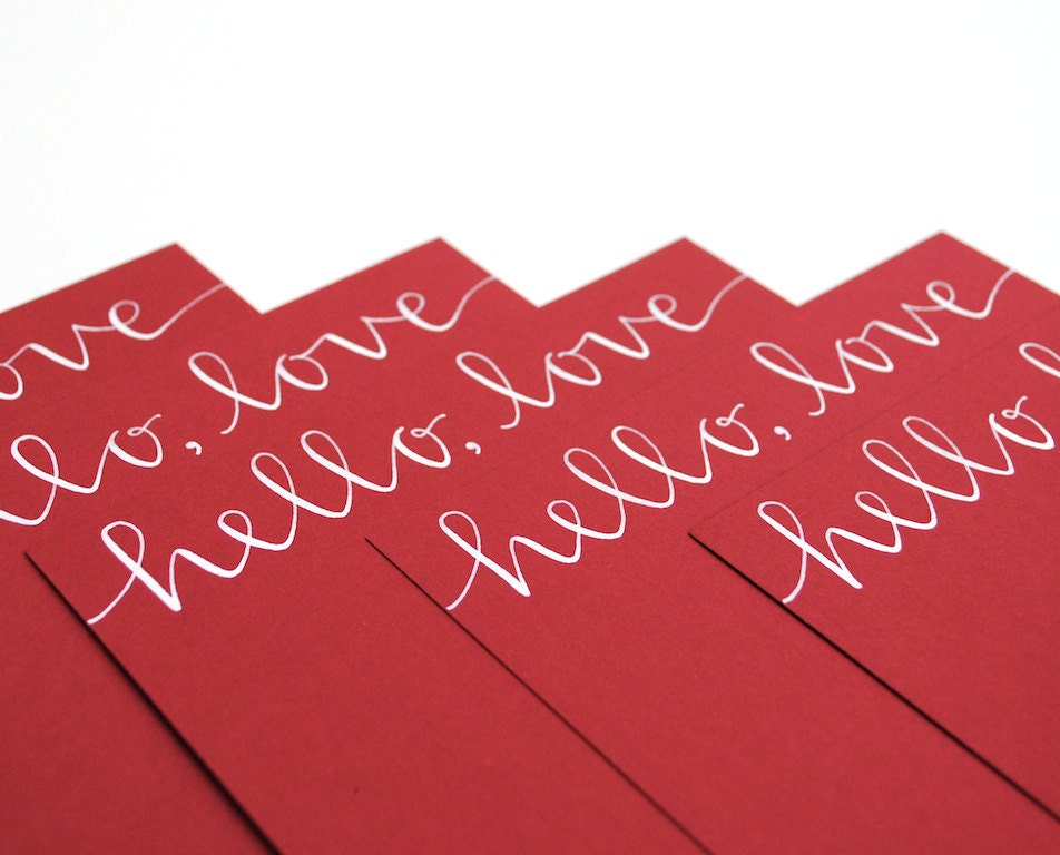 sparrownestscript Valentine Stationery with Handwritten Calligraphy . Hello Love . White Ink on Red . Set of 6 Flat Notecards