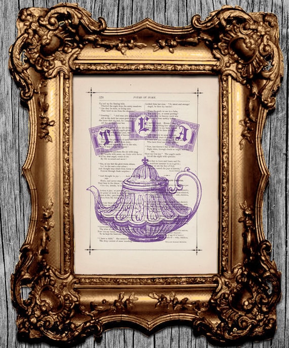 Victorian teapot Purple Tea Time No 2 of 4 Tea Pot Vintage Art Print Antique book Print Vintage Dictionary Art Prints