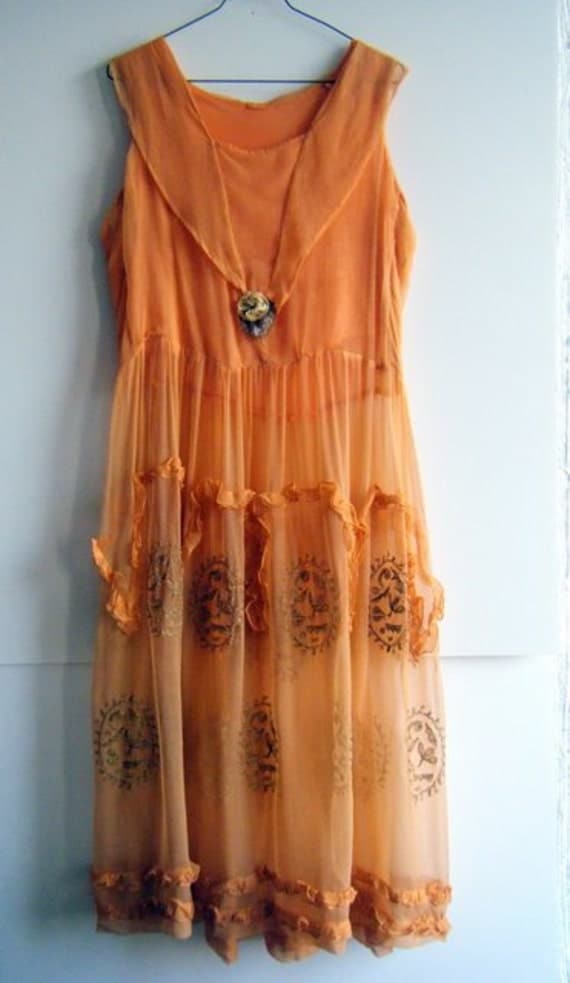 1920's peach dream crepe silk and metal filigree flapper dress with matching underdress