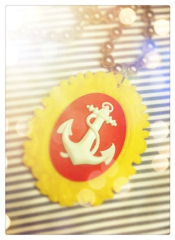 Anchors Away Sailor cameo charm necklace yellow red white nautical