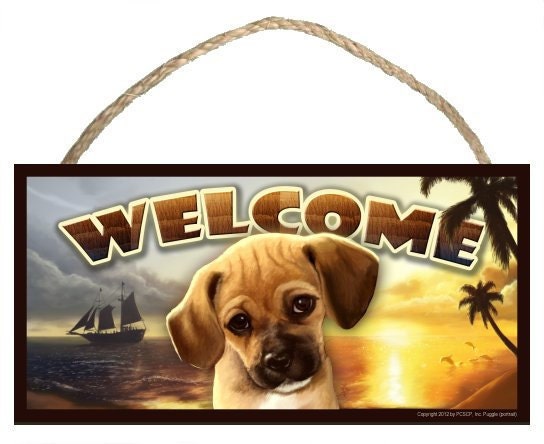 Puggle (portrait view) Summer Season 10" x 5" Wooden Welcome Sign