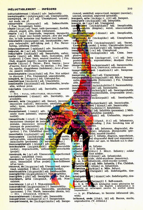 Rainbow Giraffe Vintage French to English Dictionary Page Original Art D