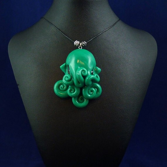 Jade Octopus Necklace - Green Blue Polymer Clay Cephalopod Jewelry