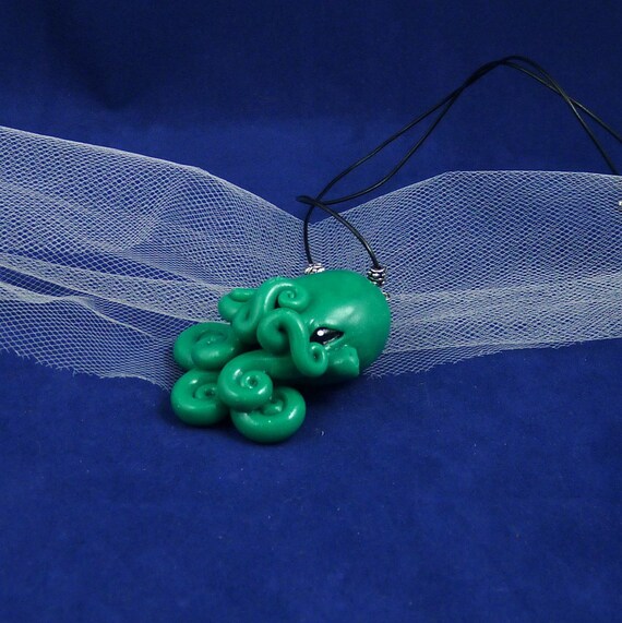 Jade Octopus Necklace - Green Blue Polymer Clay Cephalopod Jewelry