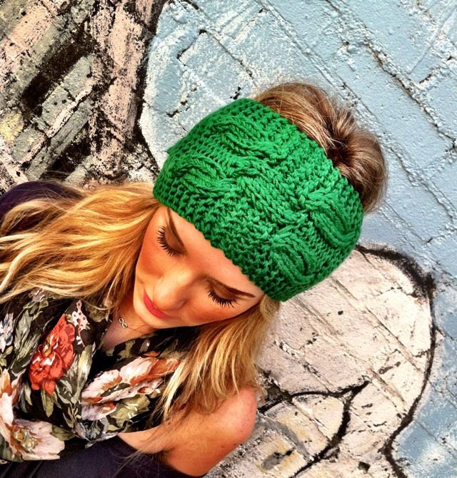 Kelly Green Knitted Headband - Plain Cable Knitted Headband - Ear Warmer Headband head bands Hair Coverings