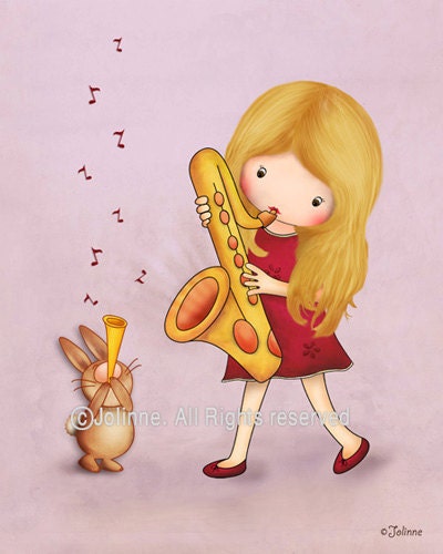 Kids art print children wall decor - girl and bunny playing the saxophone beige background, nursery decor, girls room picture
