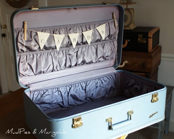 Vintage Suitcase Wedding Card Box, sky blue, burlap bunting, card banner