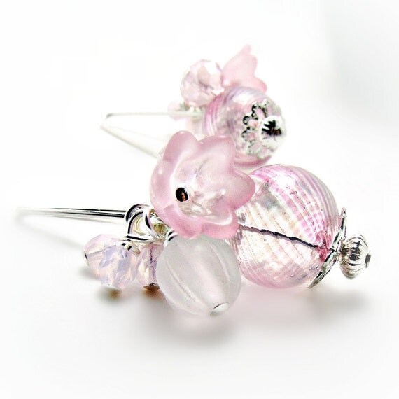 Blush Pink Blown Glass Earrings w/ Czech Crystals - Pink Jewlery- Valentines Day- Flower Earrings- Flower Jewelry- Sterling-Silver- Spring
