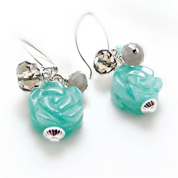 Aqua Blue Carved Jade Earrings w/ Smoky Quartz & Amazonite - Aqua Jewlery- Blue Jewlery- Shabby Chic- Flower Jewelry- Sterling Silver-
