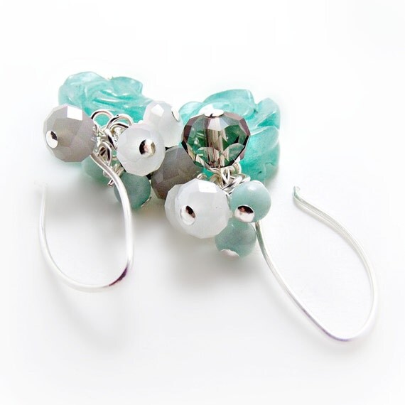 Aqua Blue Carved Jade Earrings w/ Smoky Quartz & Amazonite - Aqua Jewlery- Blue Jewlery- Shabby Chic- Flower Jewelry- Sterling Silver-